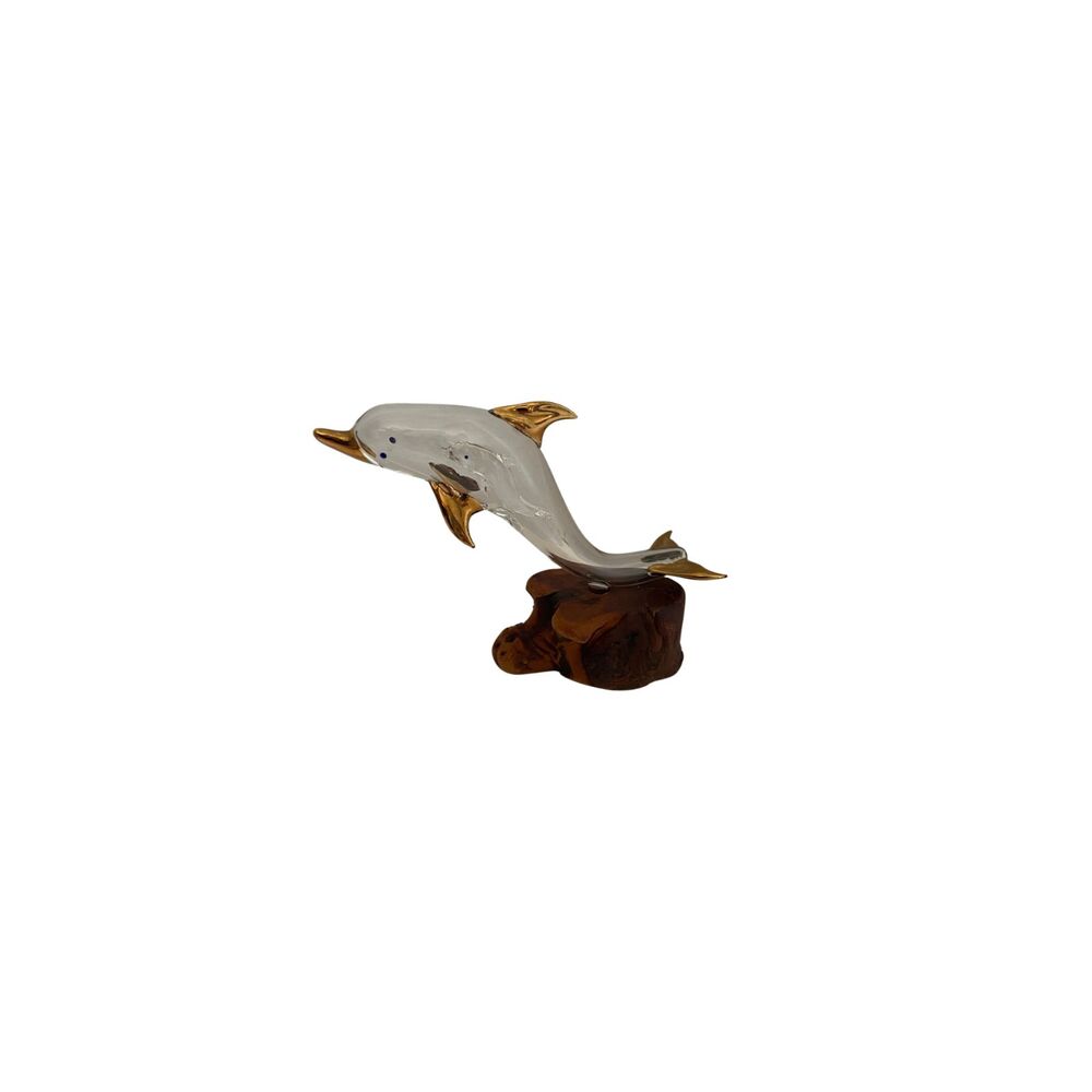 VTG Hand Blown Glass Dolphin & Baby Burl Wood Base 22K Gold Trim